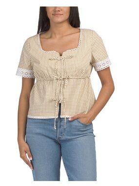 Square Neck Gingham Tie-Front Crop Top in Beige